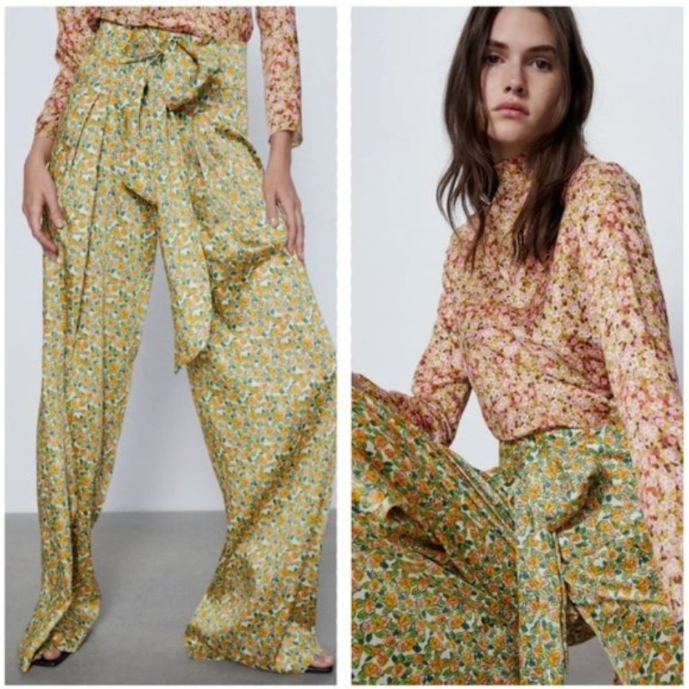 Zara Wide Leg Floral Satin Pants Trousers XS - Picture 2 of 4